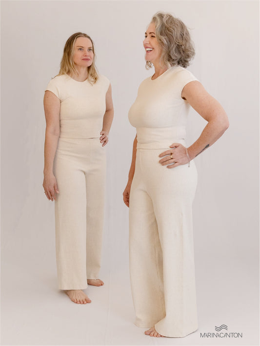 Conjunto Semear Cropped Canelado Linho + Calça Pantacourt Canelado Linho