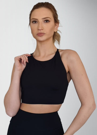 Conjunto Bio UP, Top Alça Cruzada + Legging de Pézinho Cintura Alta - Preto