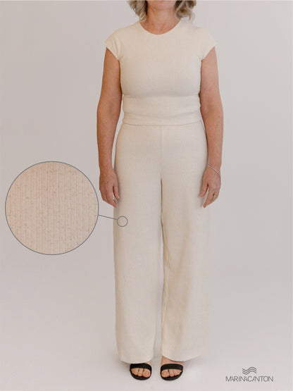 Conjunto Semear Cropped Canelado Linho + Calça Pantacourt Canelado Linho