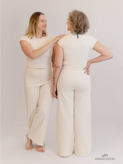 Conjunto Semear Cropped Canelado Linho + Calça Pantacourt Canelado Linho