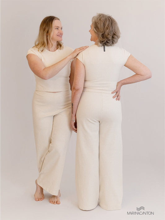 Conjunto Semear Cropped Canelado Linho + Calça Pantacourt Canelado Linho