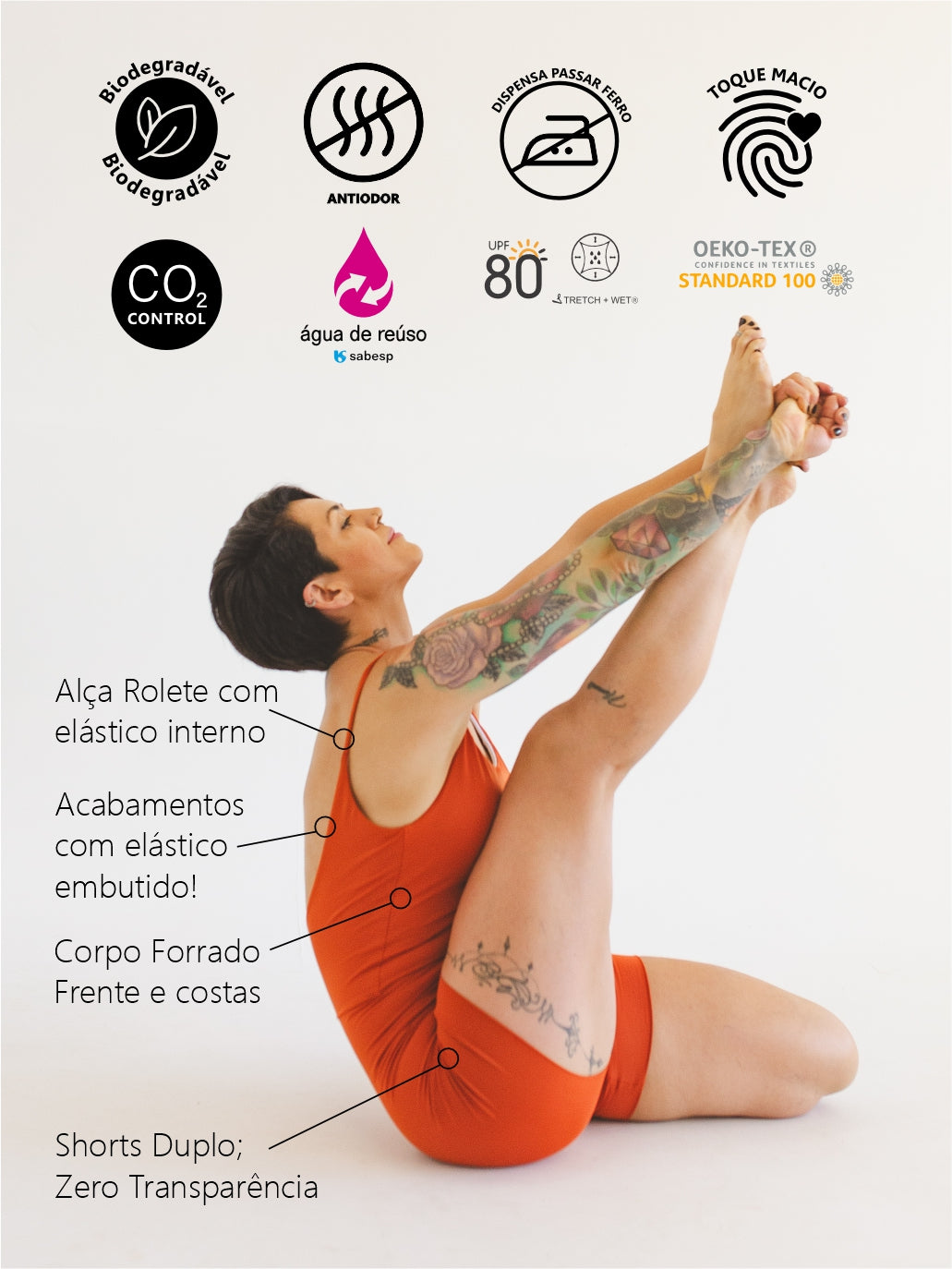 Macaquinho Bio Light Alcinha Costas V com Shorts Duplo Colors Laranja Terracota