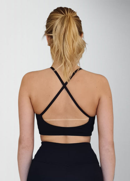 Conjunto Bio UP, Top Alça Cruzada + Legging de Pézinho Cintura Alta - Preto