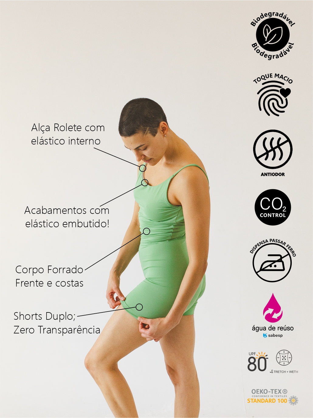 Macaquinho Bio Light Alcinha Costas V com Shorts Duplo Colors Verde Sálvia