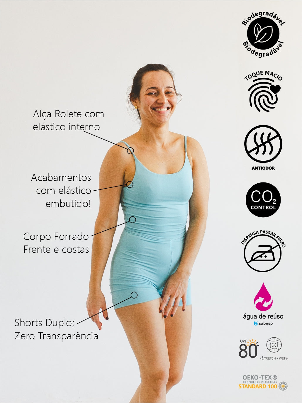 Macaquinho Bio Light Alcinha Costas V com Shorts Duplo Colors Azul Meditação