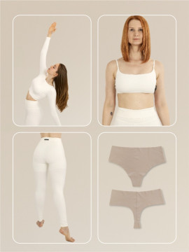 Seleção Exclusiva Bio Light Off-White: Top Manga Longa + Top Slim Alcinha + Legging + Calcinha Fio Cintura Alta
