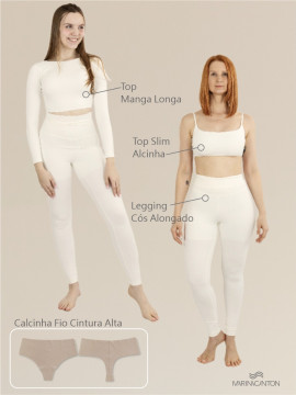 Seleção Exclusiva Bio Light Off-White: Top Manga Longa + Top Slim Alcinha + Legging + Calcinha Fio Cintura Alta